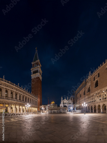Illuminated Piazza San Marco at Night with Doge's Palace and St Mark's Campanile, Venice, Italy