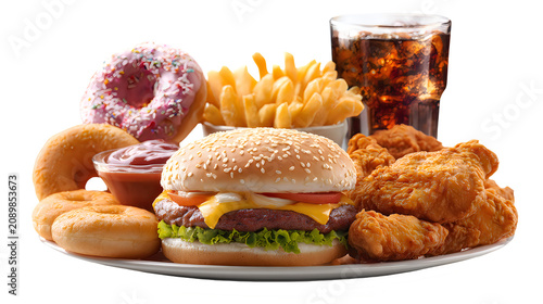 Fast food meal with burger fries donut and soda drink isolated on transparent background
