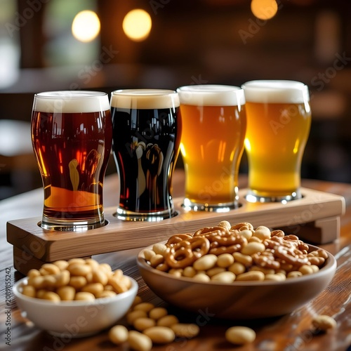 beer flight on wooden holder next to bowls of snack mix