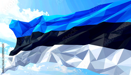 Low poly illustration of the estonian flag against a sky