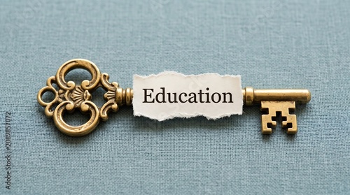 A vintage ornate key with the word Education written on a torn paper tag symbolizing knowledge and opportunity