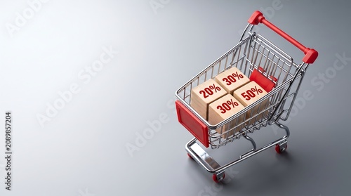 Shopping cart filled with wooden blocks showing discount percentages