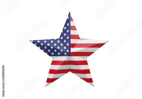 A five pointed star shape decorated with the american flag stars and stripes pattern isolated on a solid black background, for patriotic decor