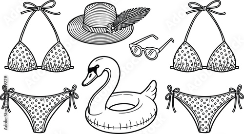 Canvastavla Summer beach vacation elements vector icons set featuring polka dot bikinis swan