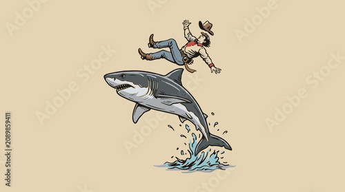 Εκτύπωση καμβά Surreal vintage cowboy falling off a jumping great white shark with water splash