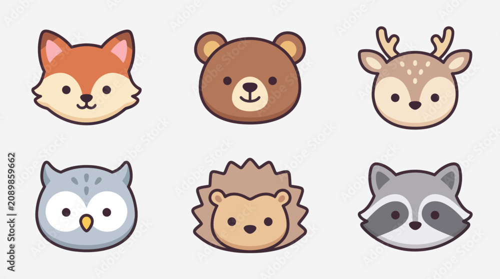 Fototapeta premium Cute forest animal faces collection