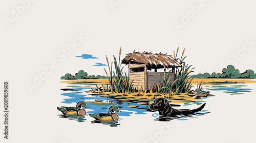 Vintage outdoor hunting scene with black Labrador retriever swimming near wood ducks and duck blind, retro graphic illustration for apparel and branding
