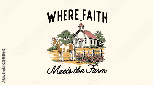 Photos Vintage rustic country scene with pinto horse and white chapel, Where Faith Meet