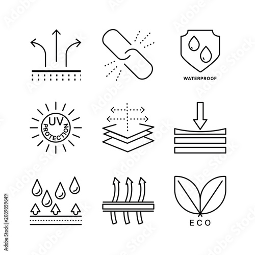  A set of icons with protection und material properties symbols. Waterproof, cold resistant, protective layers, protected, UV protection.