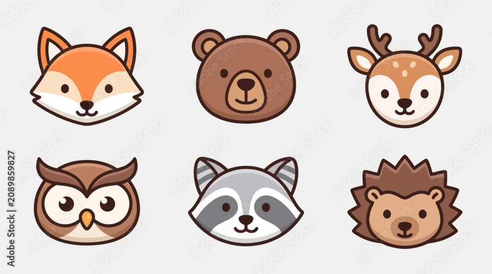 Fototapeta premium Cute forest animal faces set