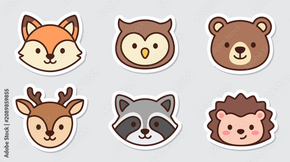 Fototapeta premium Cute forest animal faces sticker set