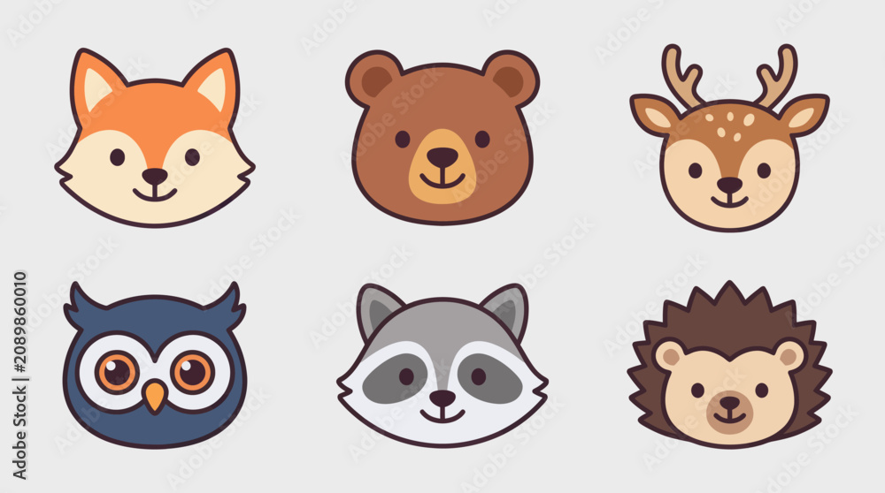 Fototapeta premium Cute forest animal icons set
