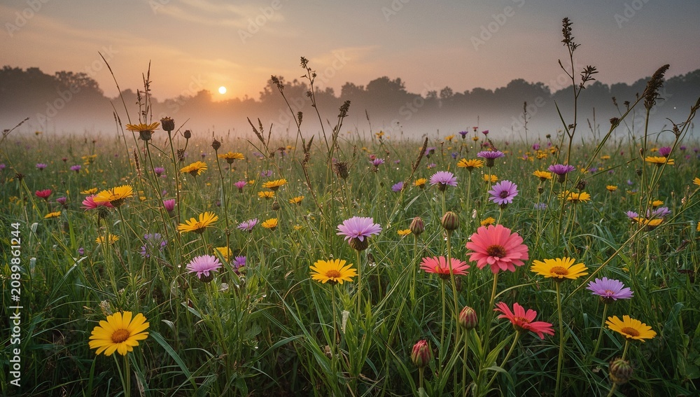 Obraz premium Colorful Wildflower Field During Sunrise with Misty Background and Natural Lighting