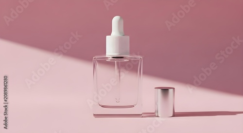 3d render of a square glass dropper bottle with a white pipette cap and a separate silver cap on a pink background