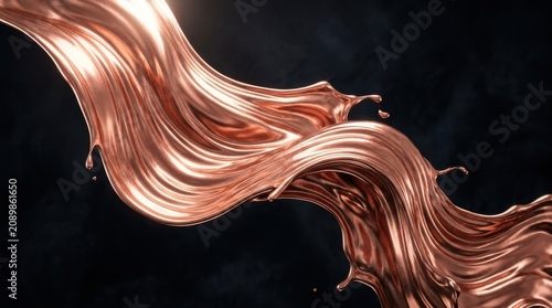 Molten copper liquid splash flowing elegant dark background 3D render