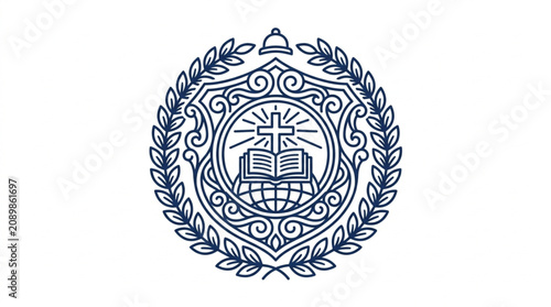 Foto Christian Emblem with Bible and Cross Inside Laurel Wreath.