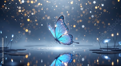 Glowing blue butterfly hovering over mystical water with golden bokeh