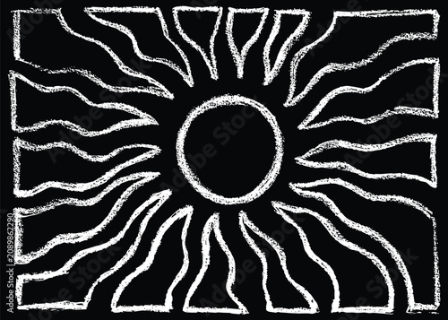 Summer sun shape background. Hand drawn with grunge chalk pencil texture illustration for design template freehand child sunlight element, sunny weather on the a4 posters format. 
