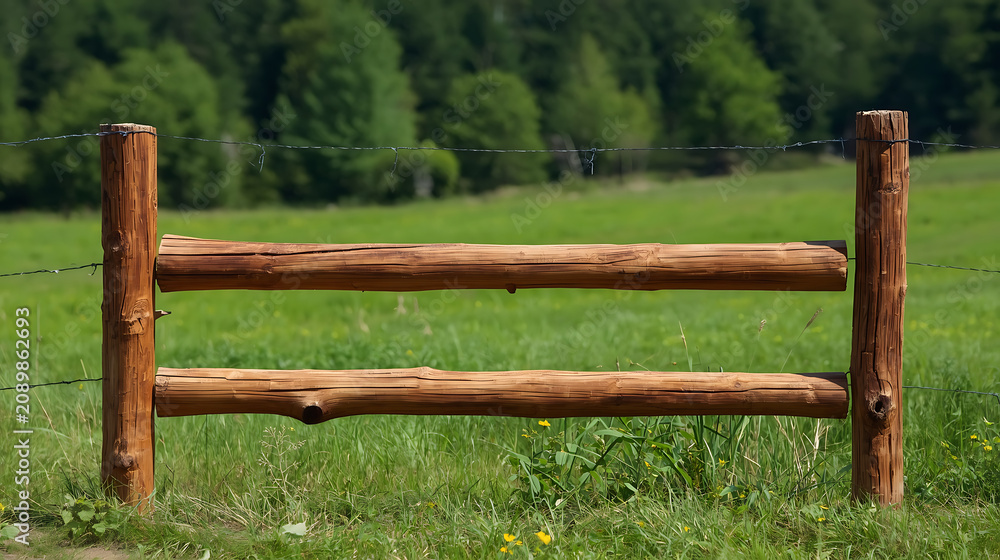Obraz premium This is a rustic wooden post and rail fence commonly used for farm boundaries and equestrian enclosures.