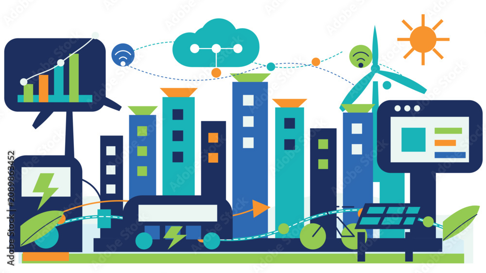 Obraz premium Smart city urban planning infrastructure featuring renewable power generation and grid connectivity icons for sustainable building management solutions isolated on a white background.