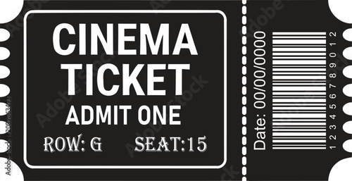 Tableau sur toile Black and white cinema ticket with admit one text and barcode for entry pass