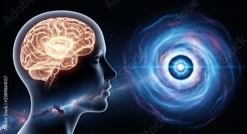 Human head with glowing brain looking at cosmic galaxy in space
