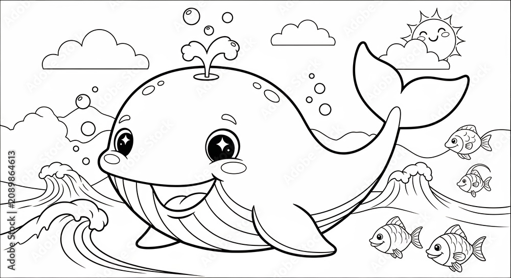 Obraz premium Happy whale swimming with fish coloring book page.