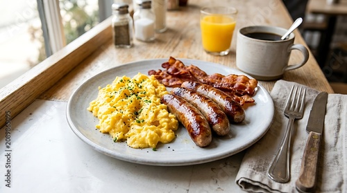 Plate of scrambled eggs and bacon for breakfast on a table