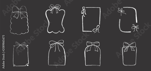 Hand draw frames with bow and ribbon set, crayon or chalk grunge texture. Vector stock illustration isolated on black background for design template wedding, birthday or Christmas invitation.