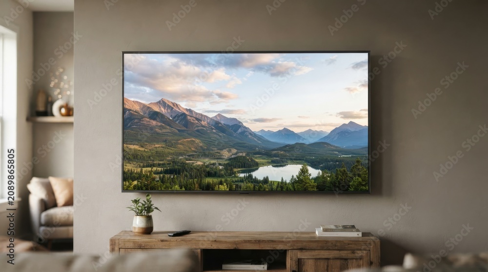 Fototapeta premium Modern television mounted on living room wall displaying landscape scene