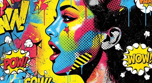 Pop art woman portrait with colorful comic book style elements
