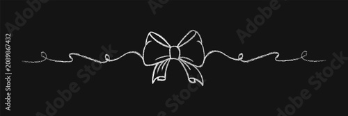 Chalk coquette bow on ribbon banner. Hand drawn vector illustration isolated on black chalkboard background for design template wedding, Birthday, Christmas decoration or discount, sale.