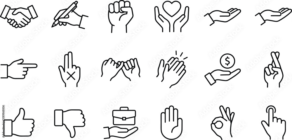 Fototapeta premium Minimalist Hand Gestures Line Icon Set with Business Handshake, Thumbs Up, Clapping, and Corporate Sign Communication Concepts for Presentation Slides
