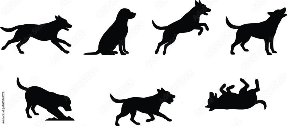 Obraz premium Dog Silhouette Vector Collection Featuring Running, Sitting, Jumping, Walking, Sniffing, and Relaxing Poses