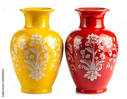 Two decorative glass bottles with floral patterns and corks.