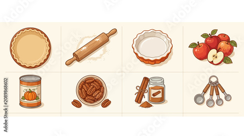 Assorted baking ingredients and utensils for cooking and baking, including pie crust, rolling pin, pastry cup, apples, canned food, pecans, cinnamon sticks, jars, and measuring spoons