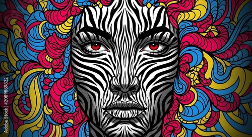 Stylized woman's face with zebra stripes and vibrant abstract patterns
