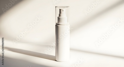 Blank white cosmetic spray bottle with clear cap for beauty product packaging design, realistic 3d render mockup