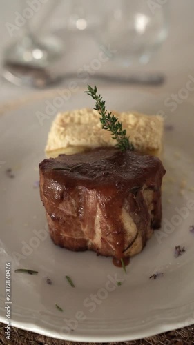 Pork Bondiola with Potato Millefeuille in a gala table setting	
