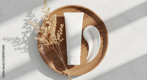 White cosmetic tube with cream smear on a wooden plate with dried flowers, natural skincare product mockup, organic beauty concept
