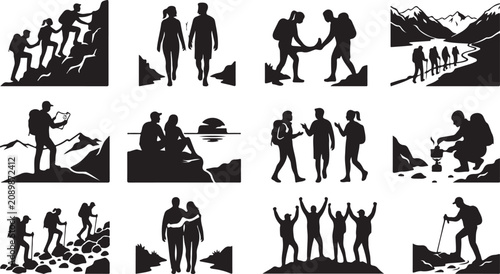Set of black silhouettes showing people hiking trekking camping and climbing mountains in nature outdoors isolated on white background, Vector