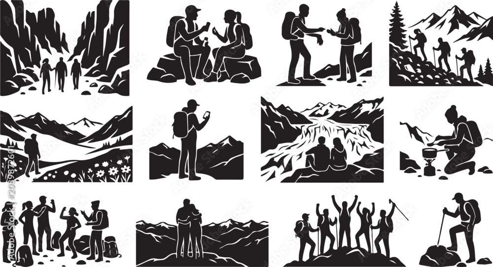 Fototapeta premium Set of black silhouette hikers and backpackers trekking in mountains and camping in nature outdoor scenes isolated on white background, Vector