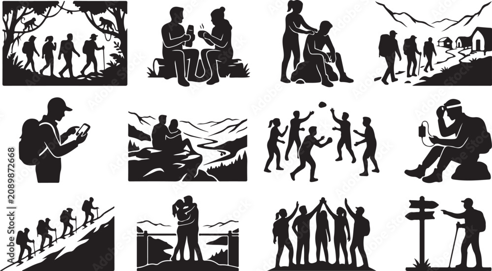 Fototapeta premium Set of black silhouettes showing people hiking camping and enjoying outdoor travel adventures in nature isolated on white background, Vector