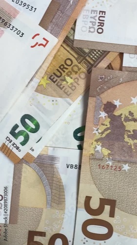 This shows several euro banknotes spread out on a flat surface. Notes of different values are visible, with multiple angles captured in close-up.