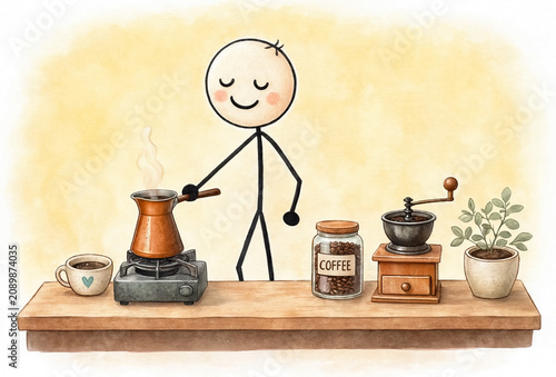 Happy stick figure character making hot morning coffee using a copper cezve on a small stove. Watercolor illustration.