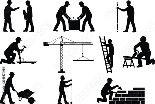 Construction workers performing various building tasks
