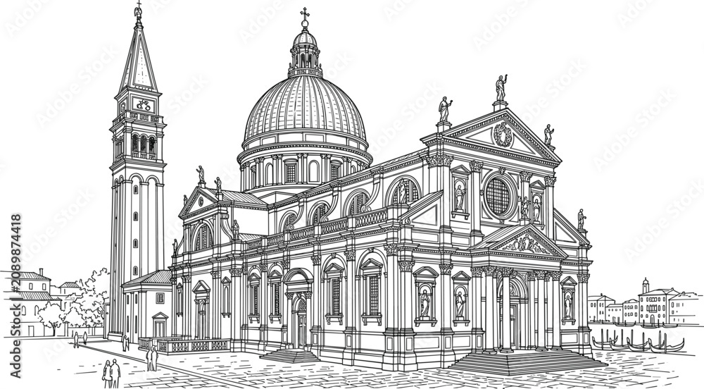 Obraz premium Venice architecture line art sketch vector illustration featuring historic Italian cathedral dome and tower landmark cityscape (16 words)