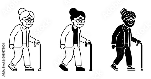 Senior Woman Icons, Elderly Lady Illustrations, Aged Female Figures, Three Styles