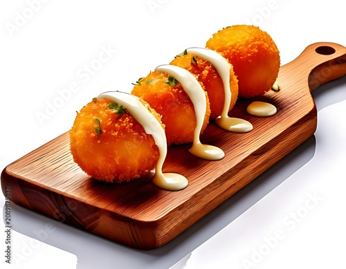 Crispy cheese ball with creamy sauce drip and wooden board on a white background