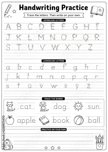 Educational handwriting practice worksheet featuring dashed letters and simple words for children learning to write the alphabet in black ink